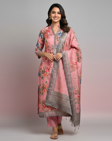 Soft Tissue Pink Digital Floral Unstitched Suit