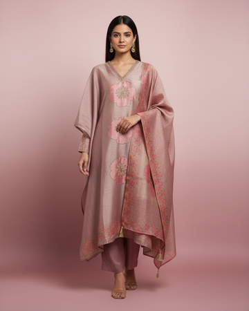 Pastel Pink Brocade Tissue Unstitched Suit with Highlighted Shirt & Digital Floral Dupatta