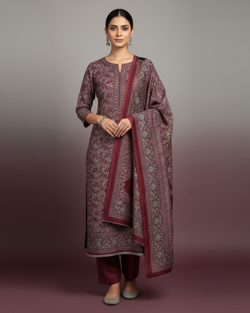 Maroon Woolen Unstitched Suit with Printed Shirt and Warm Dupatta