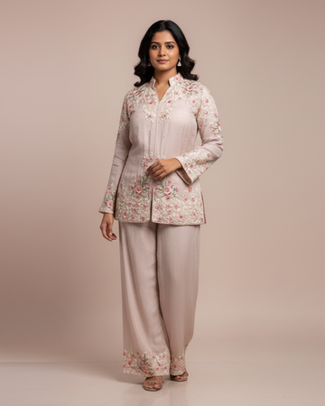 Pastel Pink Hand-Embroidered Formal Co-ord Set – Partywear Elegance