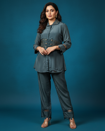 Blue-Grey Opara Silk Cord Set (Ready-to-Wear)
