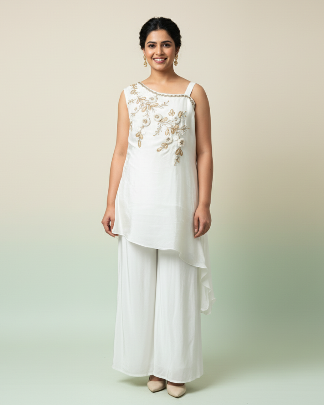 Powder Blue Crepe Shirt with Handwork & Stitched Flare Pants