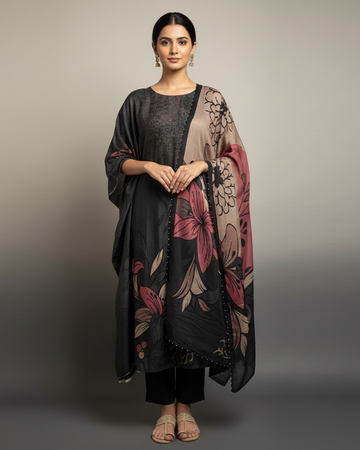 Printed Muslin Unstitched Suit with Thread Work & Pearl-Edged Dupatta