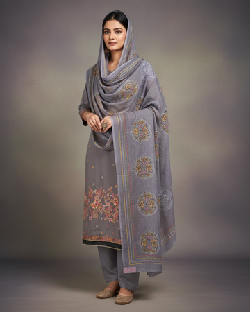 Grey Shade Pure Cotton Unstitched Suit with Thread Work