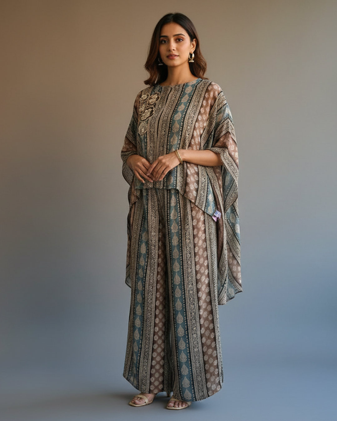 Georgette Digital Print Coord Set with Embroidered Cape