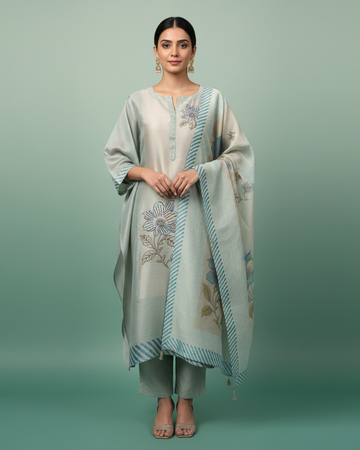 Ivory Pure Tissue Unstitched Suit with Hand Embroidery & Cut Dana Work