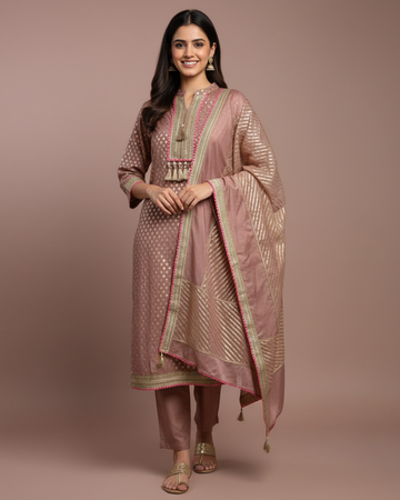 Onion Pink Gotta Patti Unstitched Suit with Maheshwari Silk Dupatta