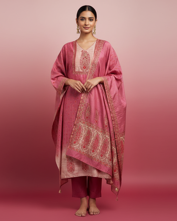 Onion Pink Pure Silk Unstitched Suit with Kantha Work