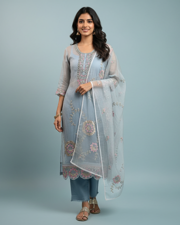 Powder Blue Soft Organza Semi‑Stitched Suit