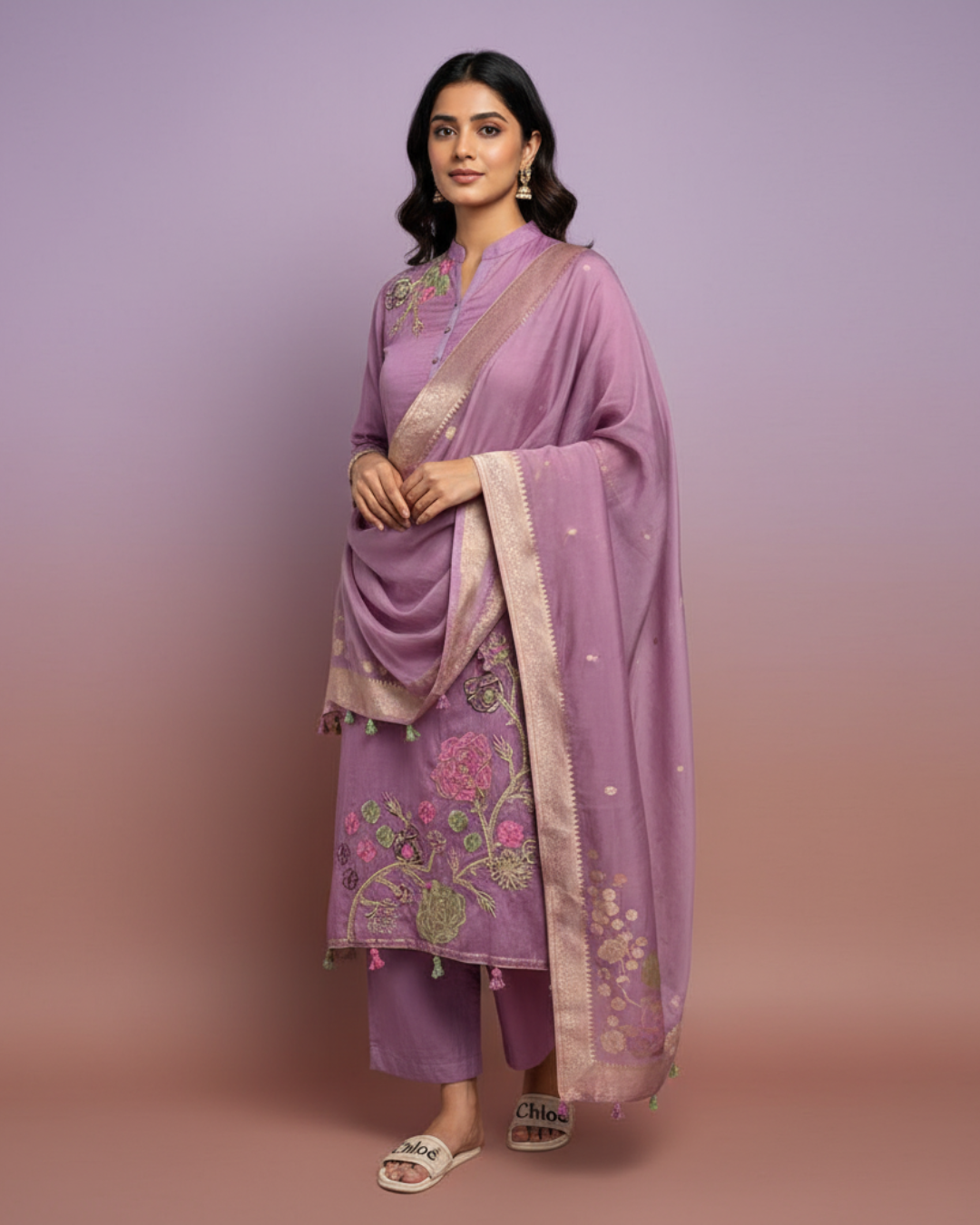 Mauve Pure Mul Unstitched Formal Suit with Banarasi Printed Dupatta