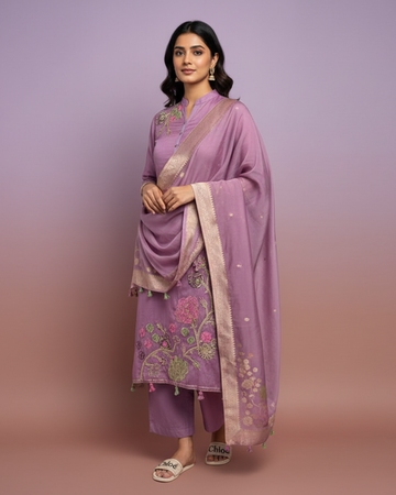 Mauve Pure Mul Unstitched Formal Suit with Banarasi Printed Dupatta