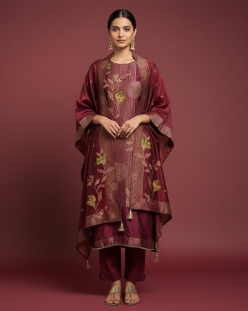 Maroon Pure Silk Unstitched Suit with Highlighted Shirt & Dupatta