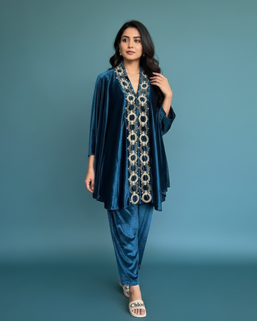 Teal Blue Velvet Coord Set with Handwork Cape