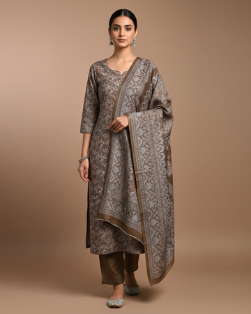 Mehndi Green Woolen Unstitched Suit with Printed Shirt and Warm Dupatta