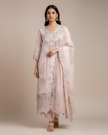 Soft Cotton Pastel Pink Unstitched Suit with Cut-work Thread Embroidered Dupatta