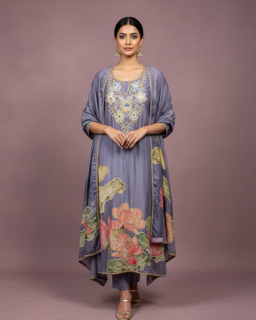 Soft Lavender Pure Muslin Unstitched Suit with Floral Dupatta and Mirror Work