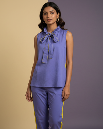 Pure Organic Cotton Bluish Purple Coord Set with Yellow Stripe