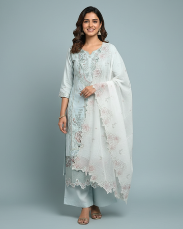 Soft Cotton Pastel Blue Unstitched Suit with Cutwork Embroidered Dupatta