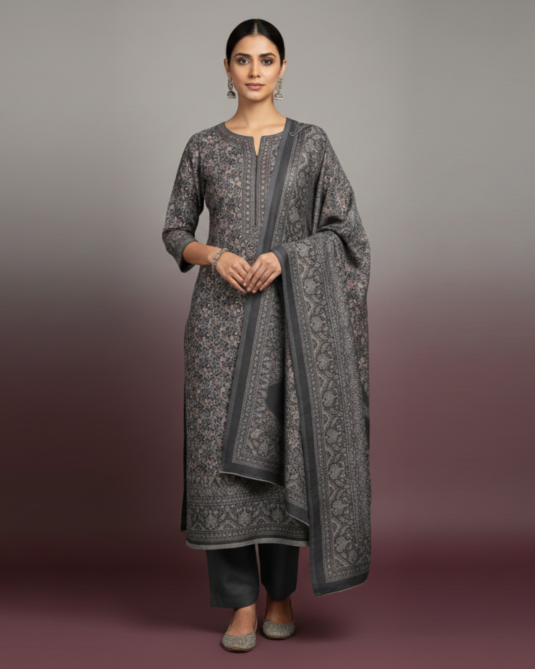 Grey Woolen Unstitched Suit with Printed Shirt and Warm Dupatta