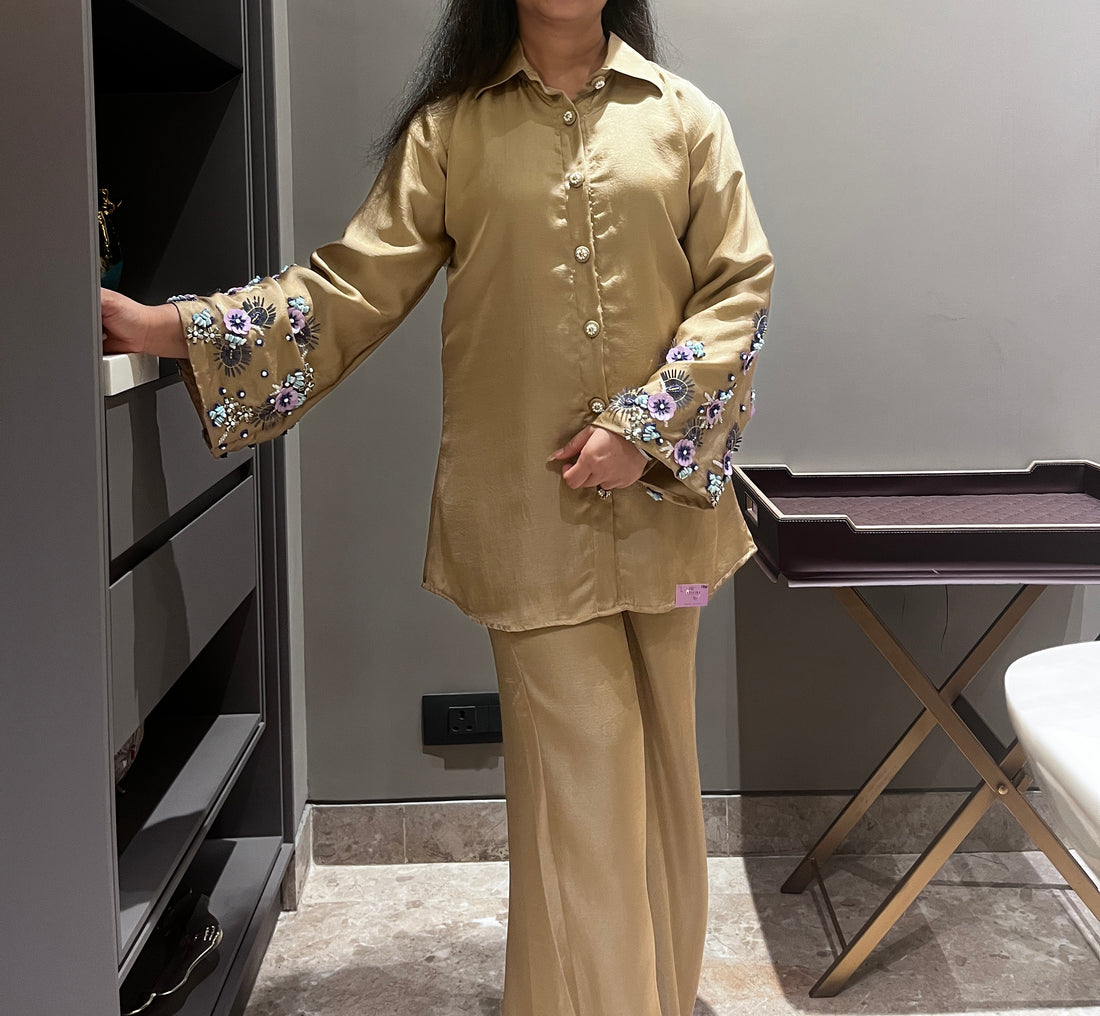 Beige & Gold Opara Silk Co-ord Set (Ready-to-Wear)