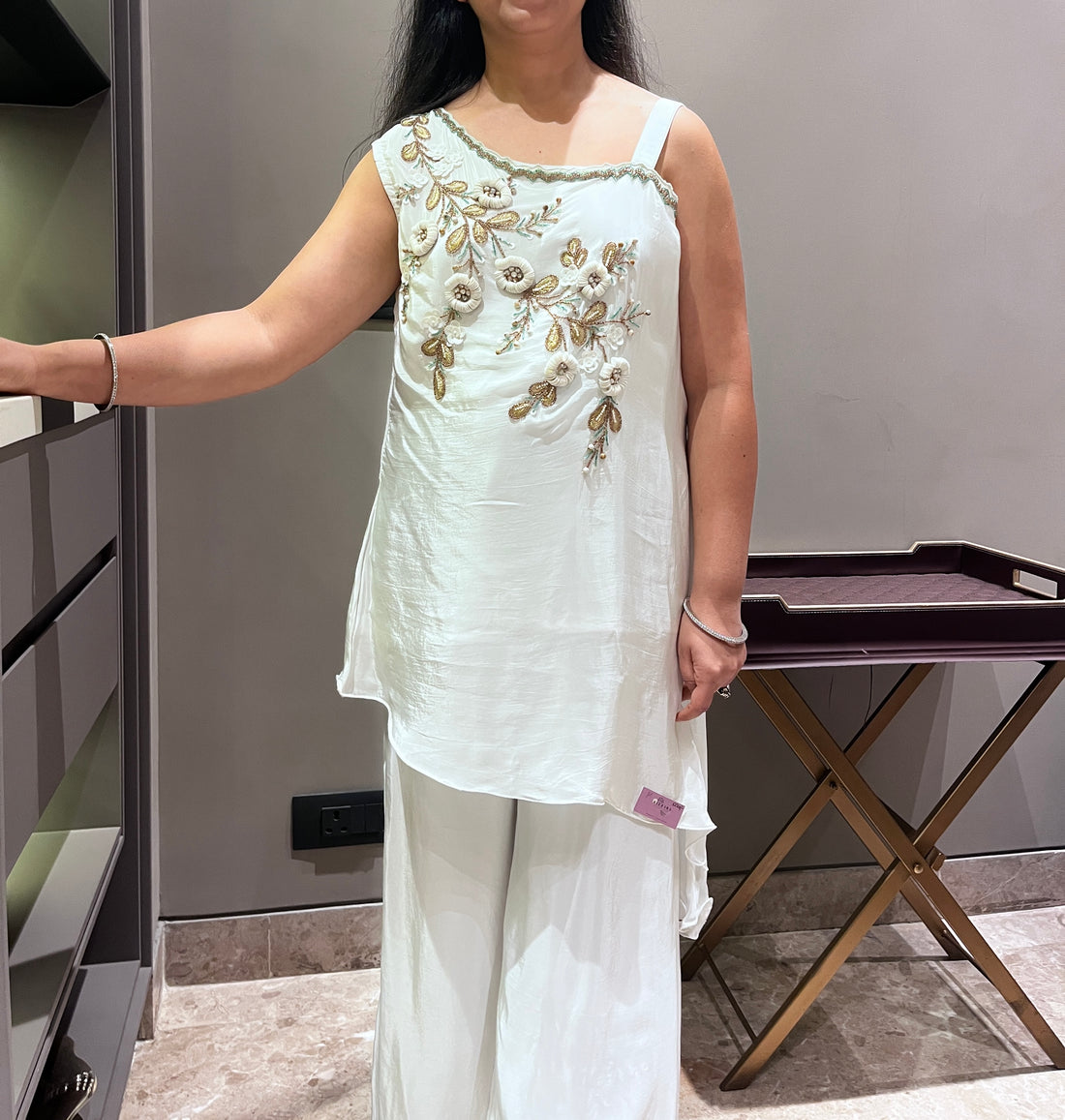 Powder Blue Crepe Shirt with Handwork & Stitched Flare Pants