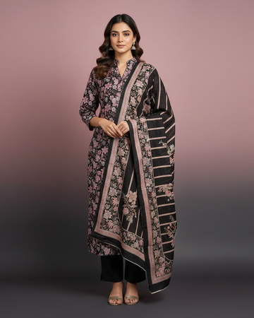 Black Woolen Printed Unstitched Suit