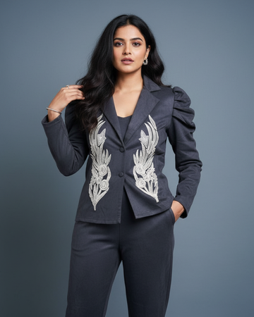 Dark Grey Suede Blazer & Pant Coord Set with Stone & Thread Work