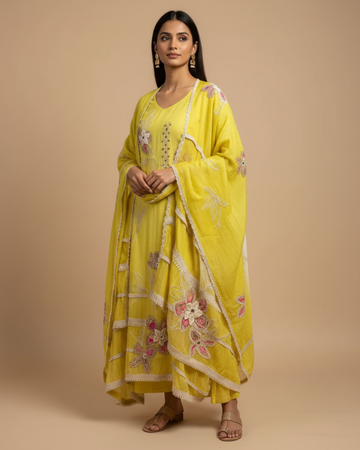 Pastel Yellow Mul Cotton Unstitched Suit with Embroidered Dupatta