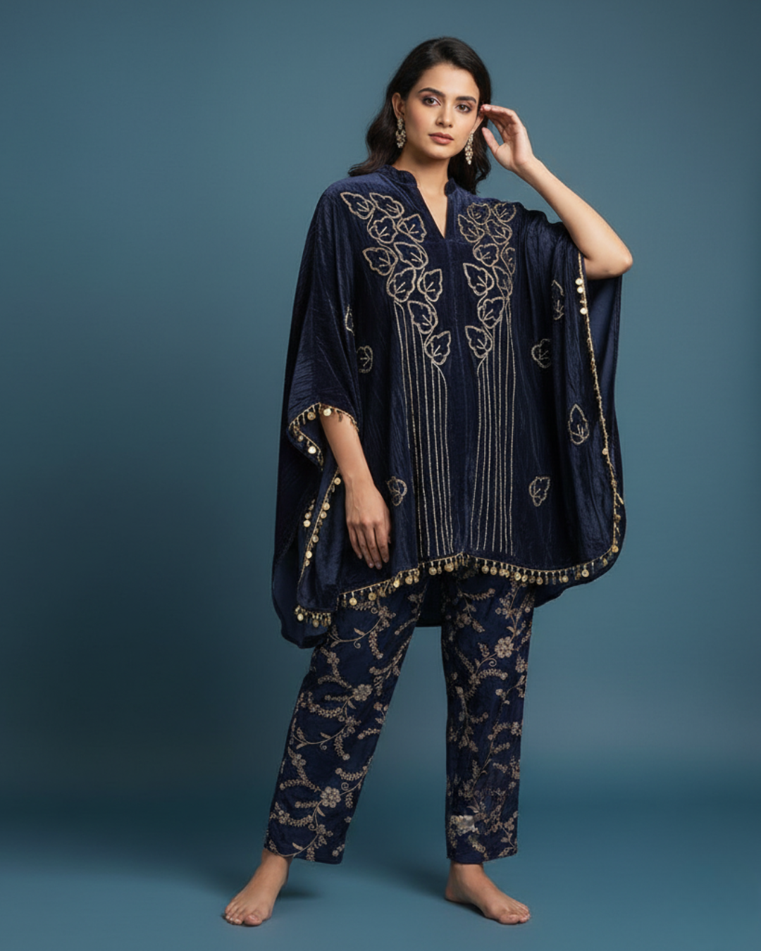 Navy Blue 3-Piece Velvet Coord Set with Handwork Cape