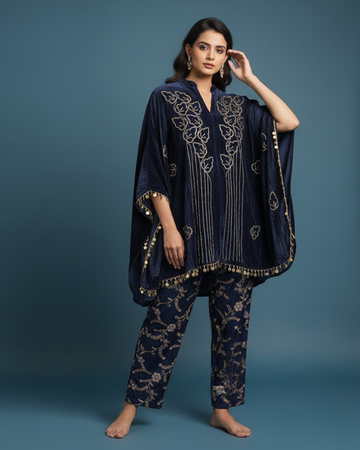 Navy Blue 3-Piece Velvet Coord Set with Handwork Cape