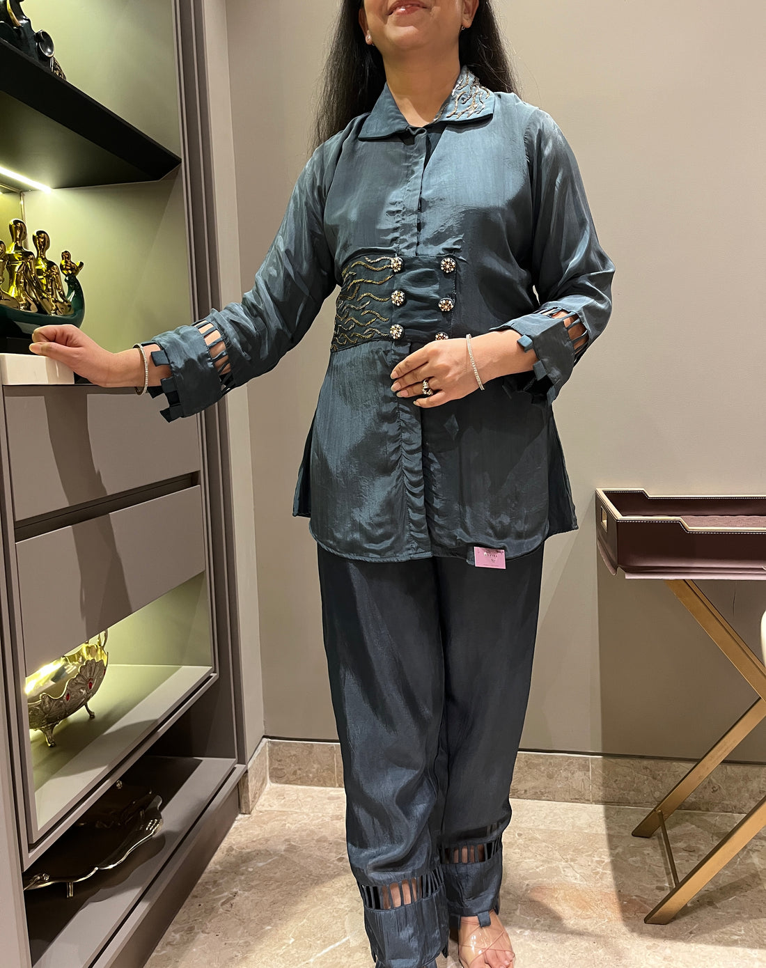 Blue-Grey Opara Silk Cord Set (Ready-to-Wear)