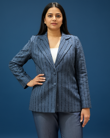 Denim Blazer with Pants – Sequin Stripe Co-ord Set