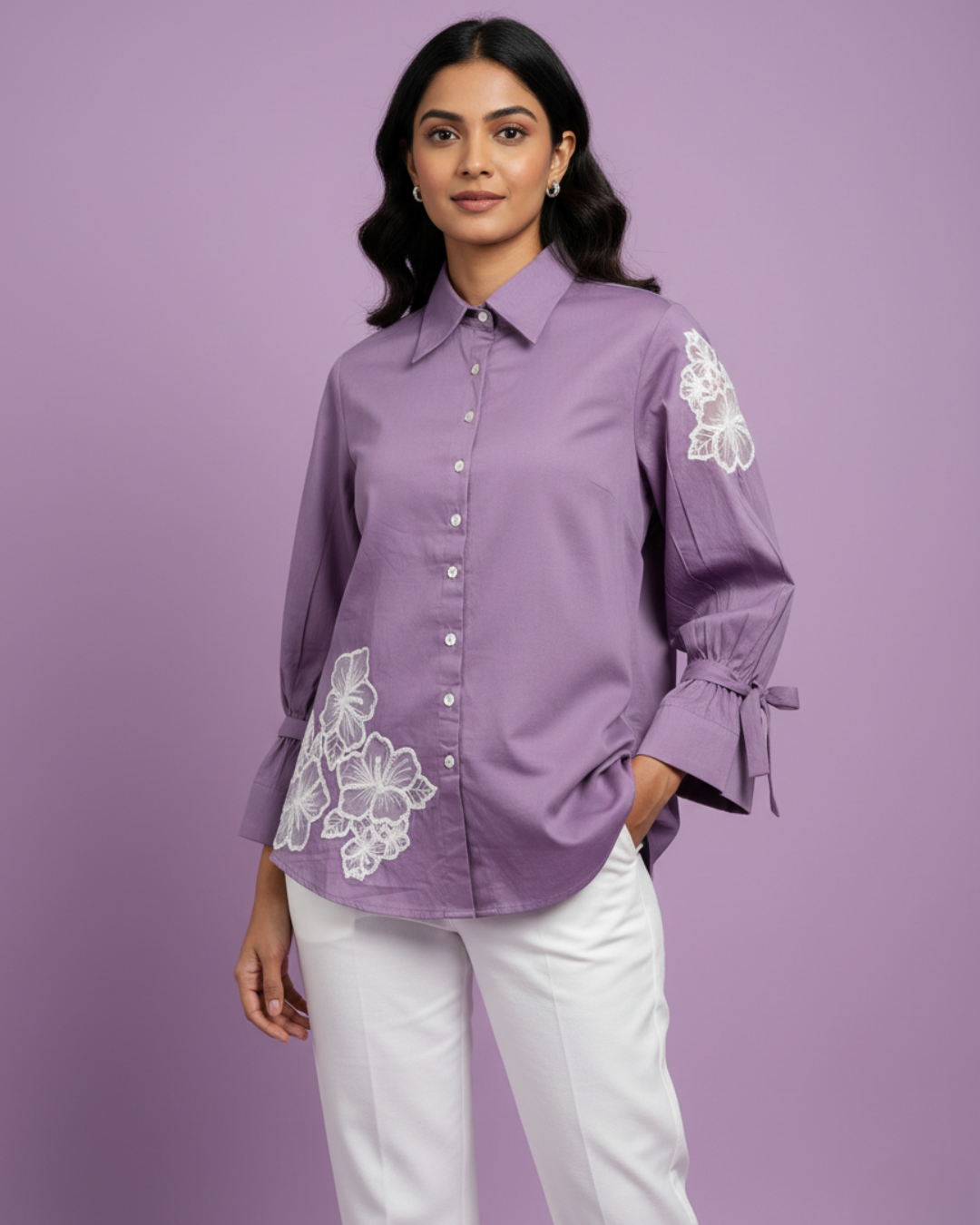Lavender Organic Cotton Shirt with White Embroidery & Cutwork Detailing