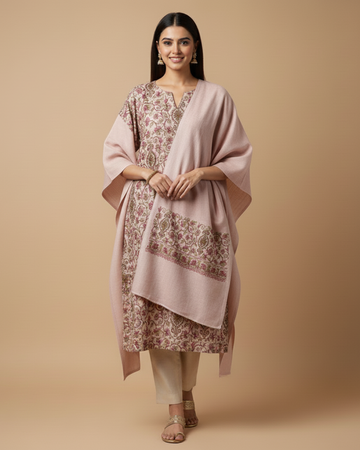 Pure Pashmina Pastel Pink Unstitched Suit with Thread Embroidery & Dupatta