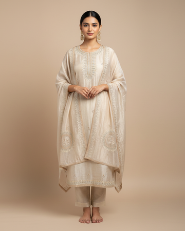 Ivory Pure Tissue Unstitched Suit with Handwork & Embroidered Dupatta