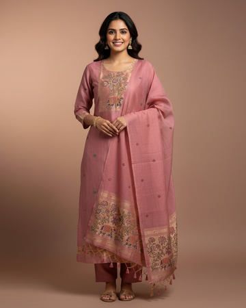 Onion Pink Jamdani Silk Unstitched Suit with Intricate Jamdani Work
