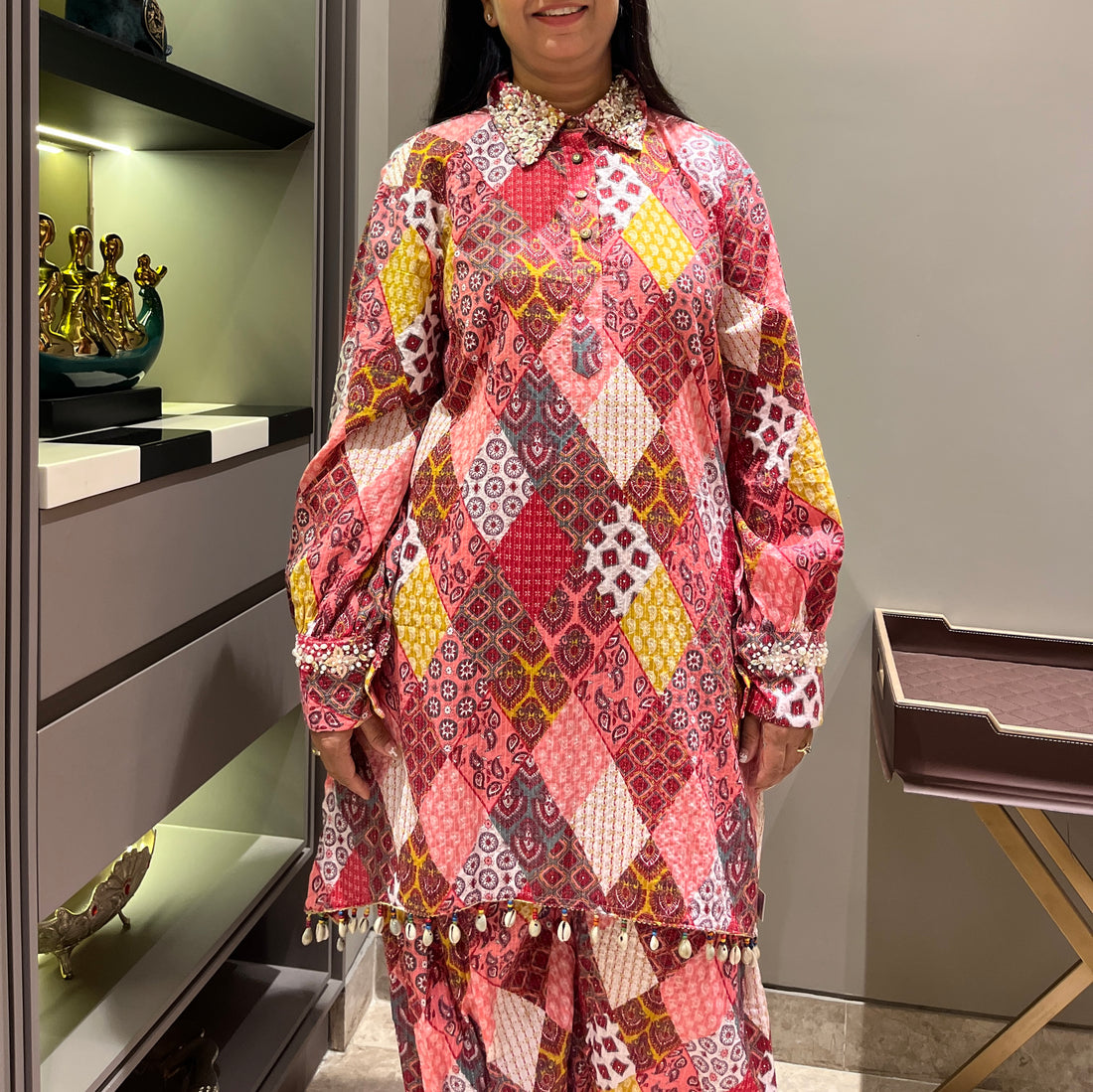 Pure Cotton Co-ord Set with Collar & Cuffs work + Stitched Afghani Pants