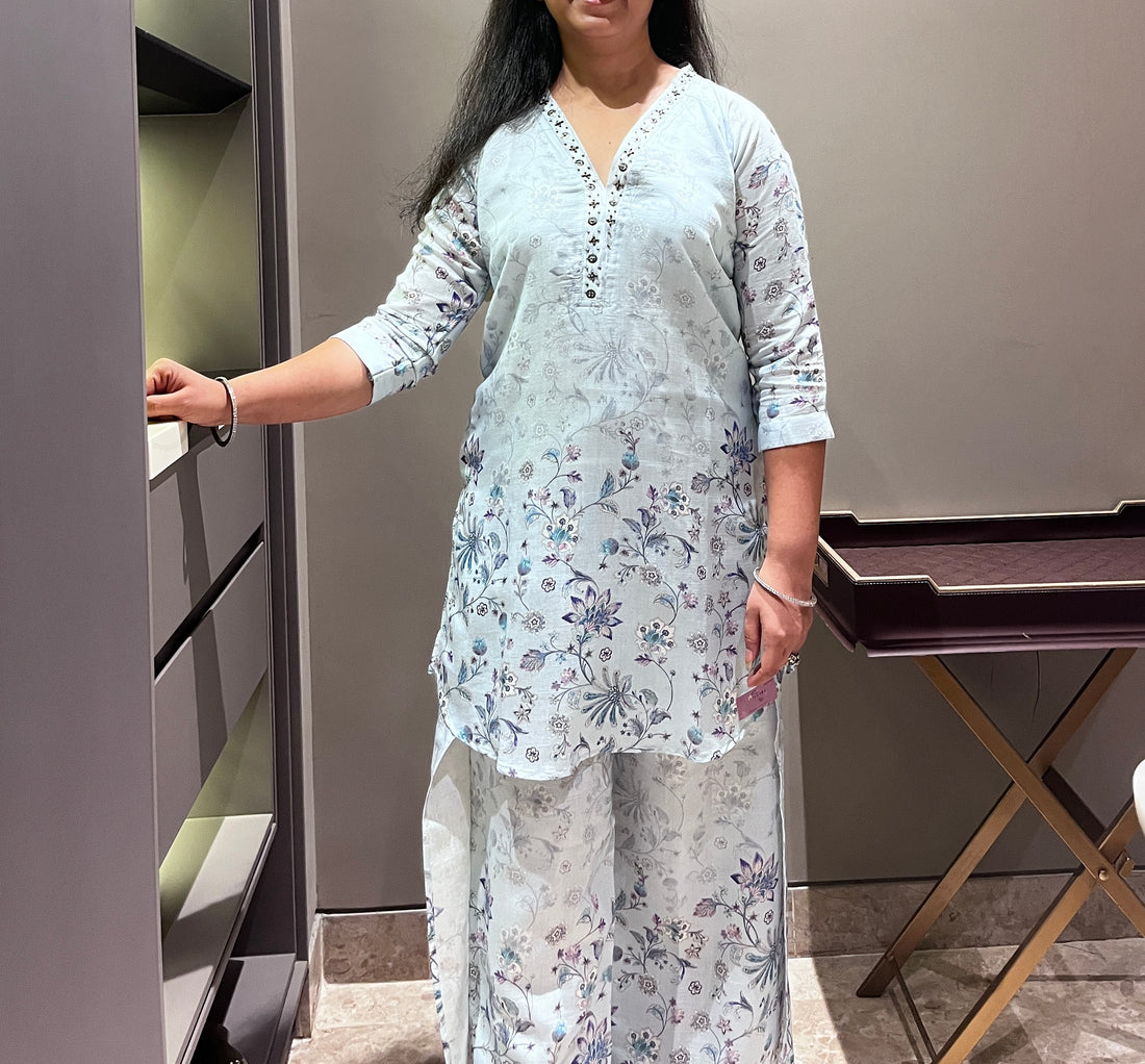 Powder Blue Co-ord Set with Designer Side Flap Bottom