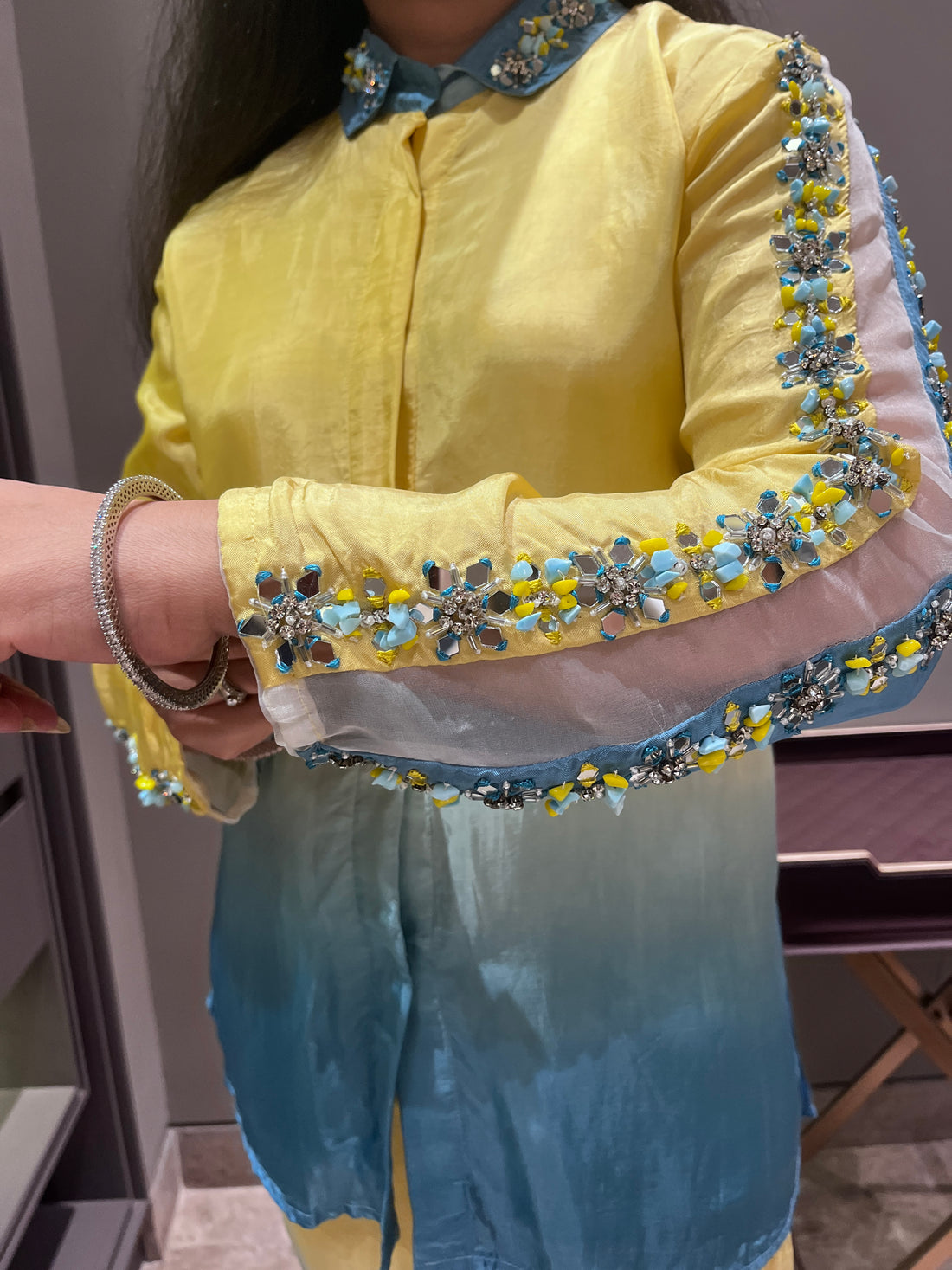 Ombre Yellow & Blue Opara Silk Stitched Shirt with Hand-Embellished Full Sleeves + Stitched Pants