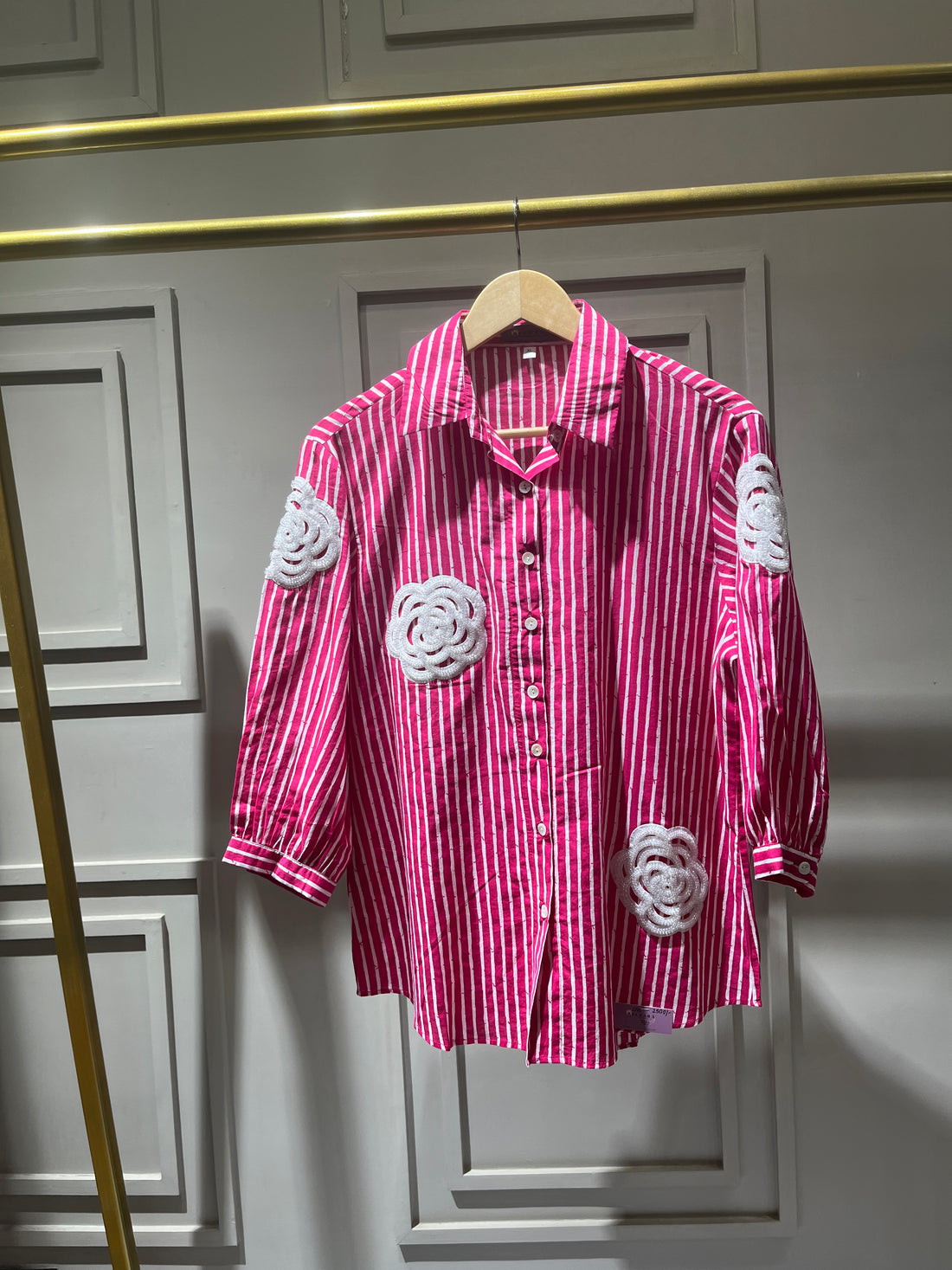 Pink Organic Cotton Striped Shirt with Floral Crochet Patches