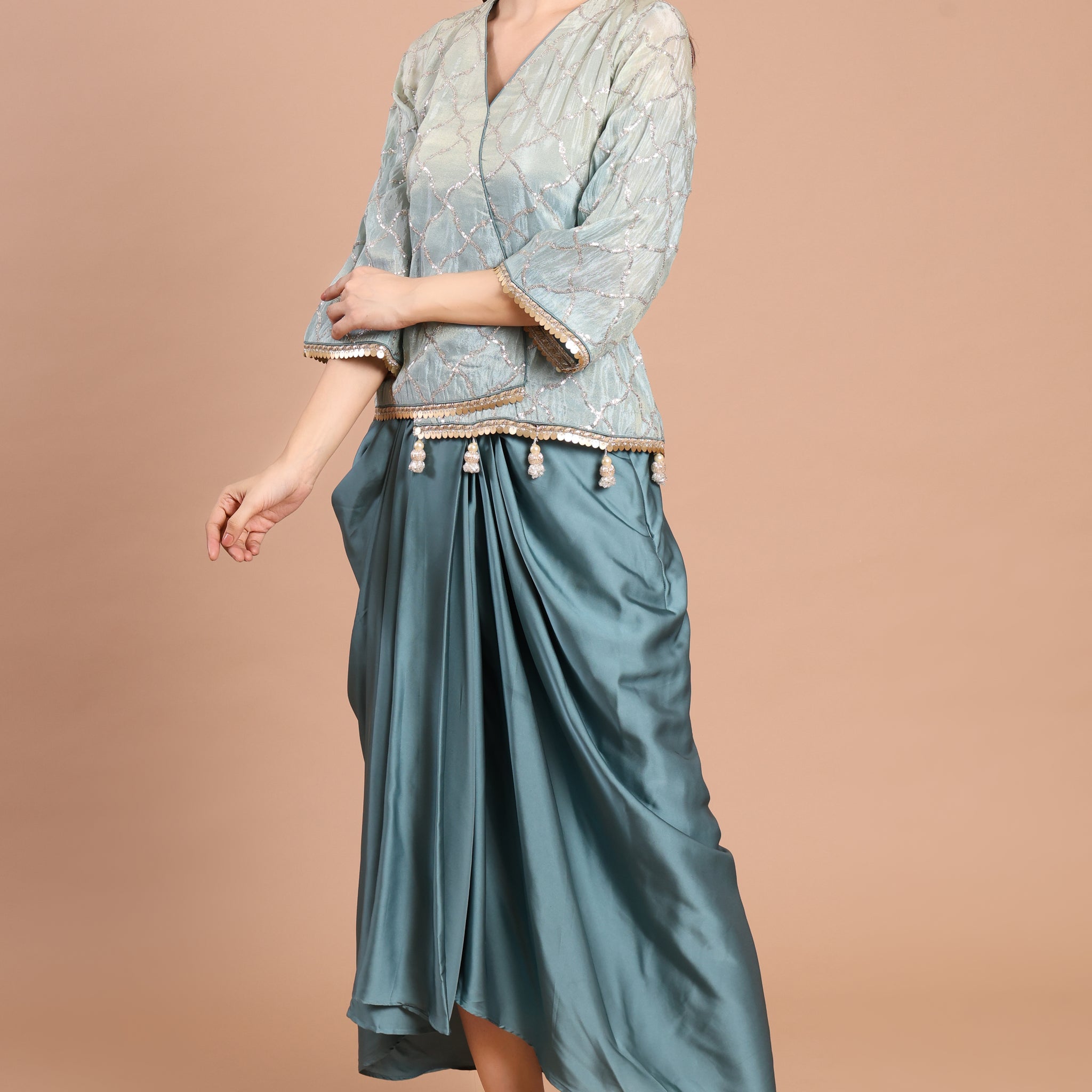 Elegant Dhoti Skirt Set with Tissue Top – Embellished with Laces & Latkans