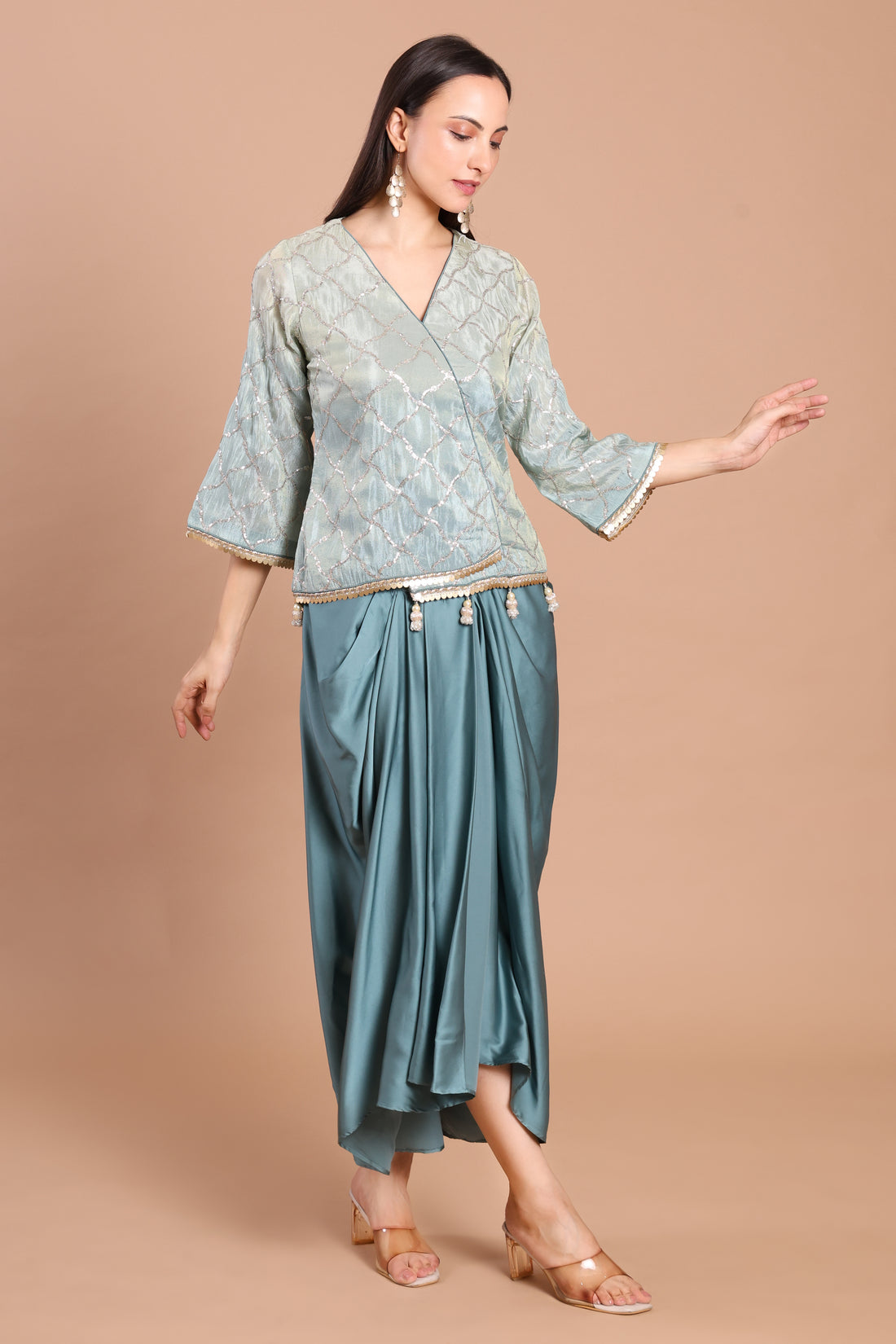 Elegant Dhoti Skirt Set with Tissue Top – Embellished with Laces & Latkans