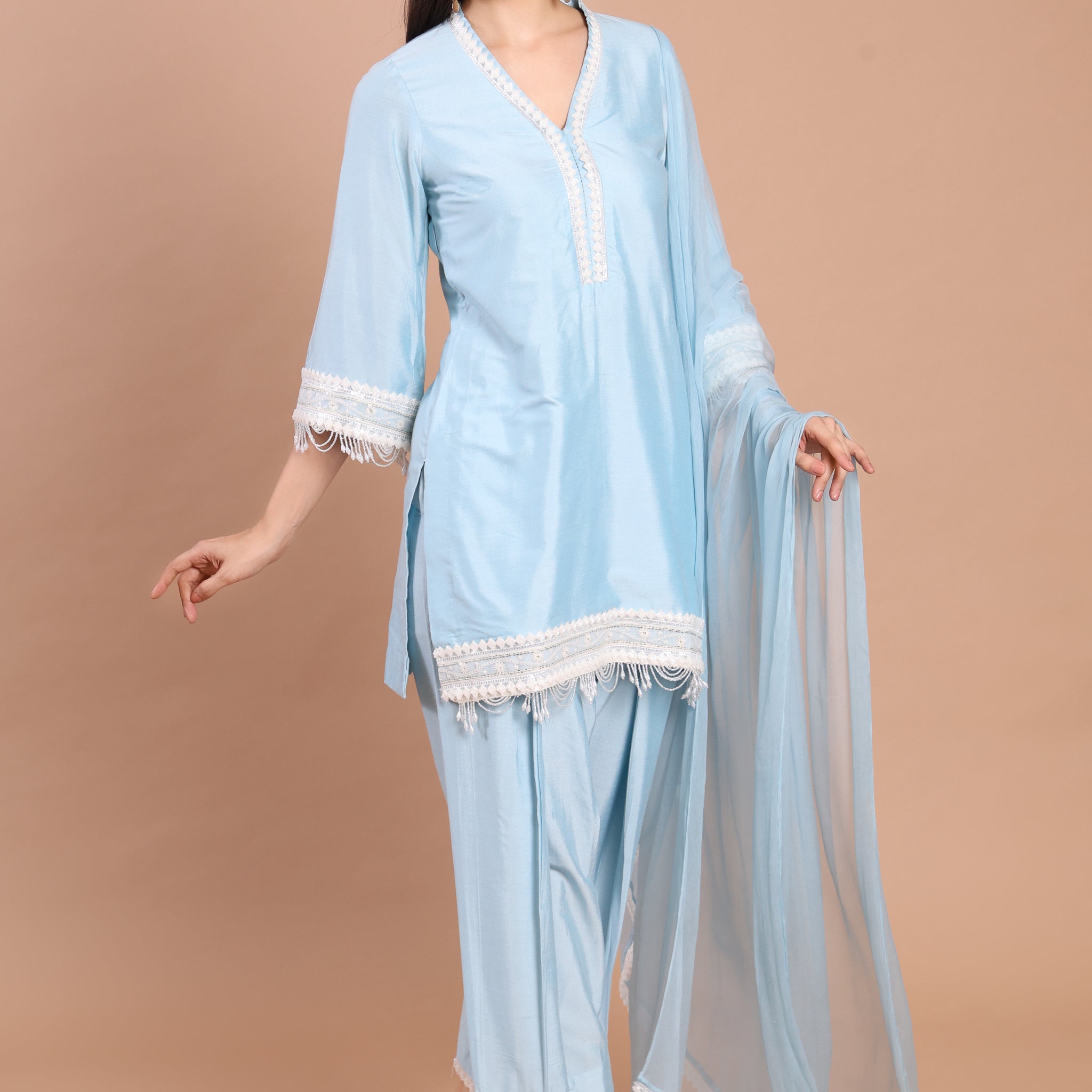 Powder Blue 3-Piece Ready-to-Wear Suit with Farshi Salwar & Chiffon Dupatta