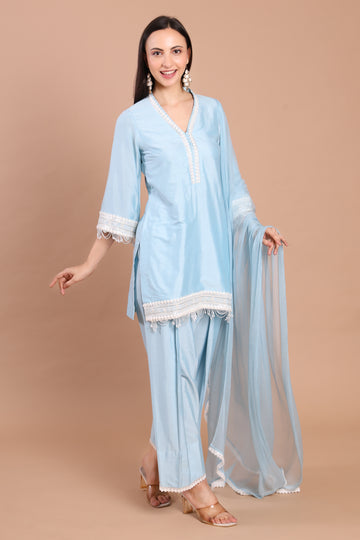 Powder Blue 3-Piece Ready-to-Wear Suit with Farshi Salwar & Chiffon Dupatta