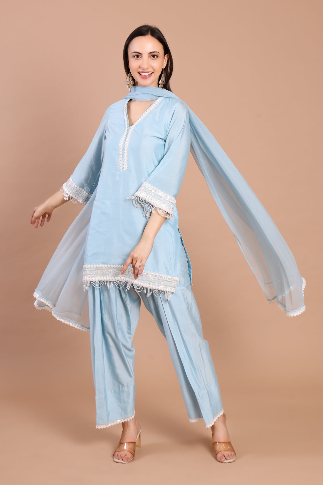 Powder Blue 3-Piece Ready-to-Wear Suit with Farshi Salwar & Chiffon Dupatta