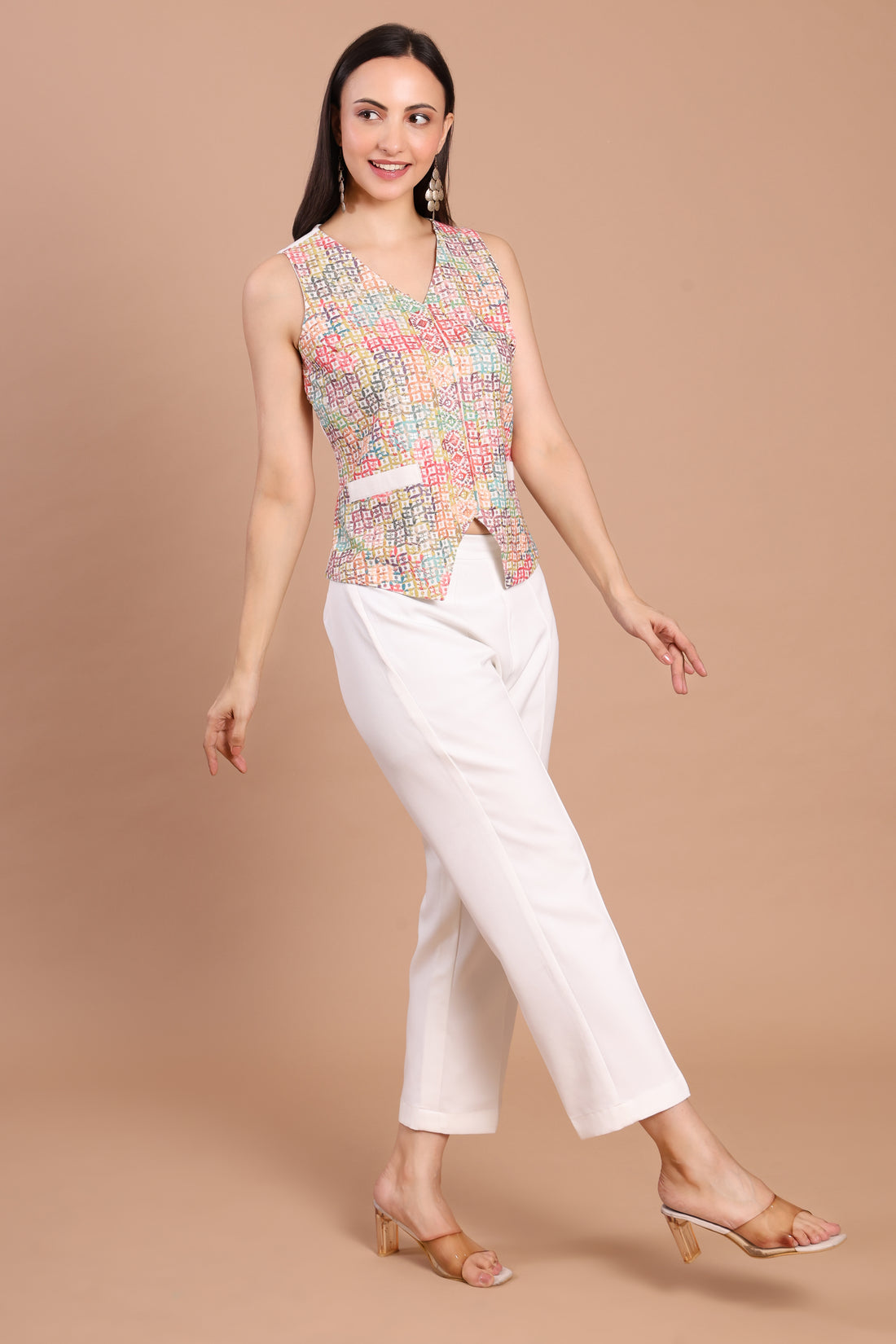 Chic Waistcoat Co-ord Set with Customizable Banana Crepe Pants