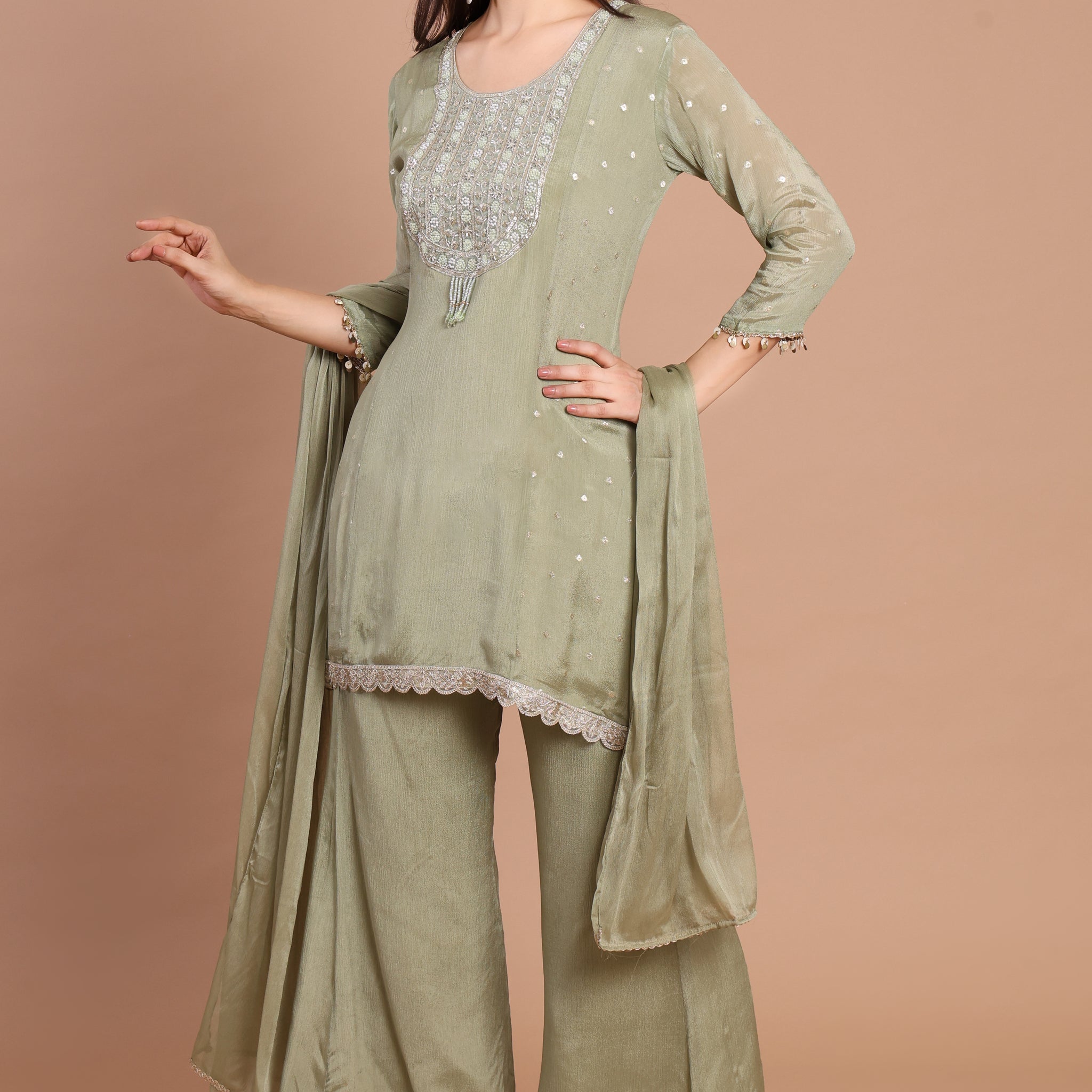 Sea Green Pure Chinnon Ready-to-Wear 3-Piece Formal Suit