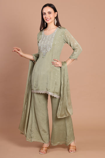 Sea Green Pure Chinnon Ready-to-Wear 3-Piece Formal Suit