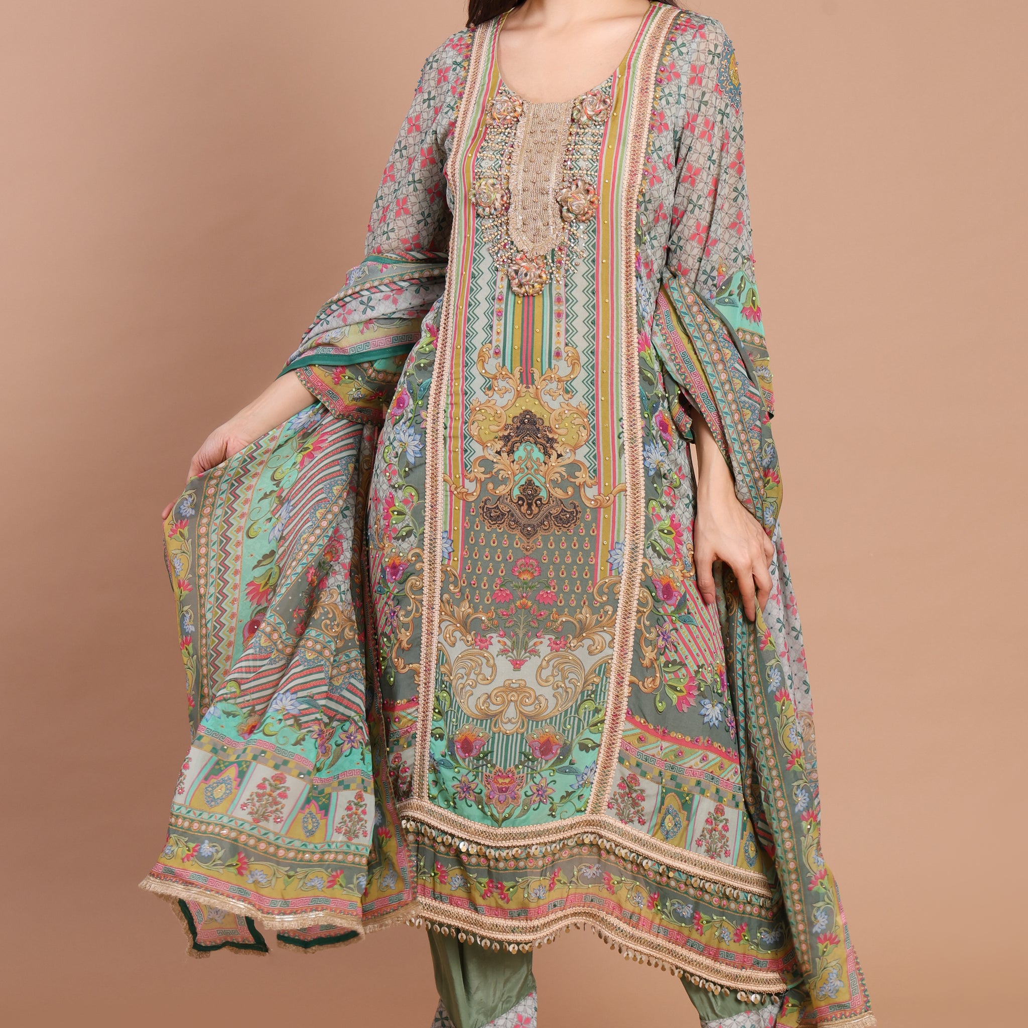 Pakistani Multi-Coloured Digital Print Unstitched Suit with Bead Highlights