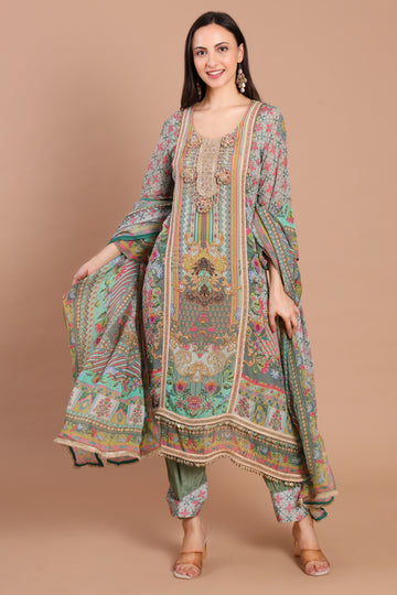 Pakistani Multi-Coloured Digital Print Unstitched Suit with Bead Highlights